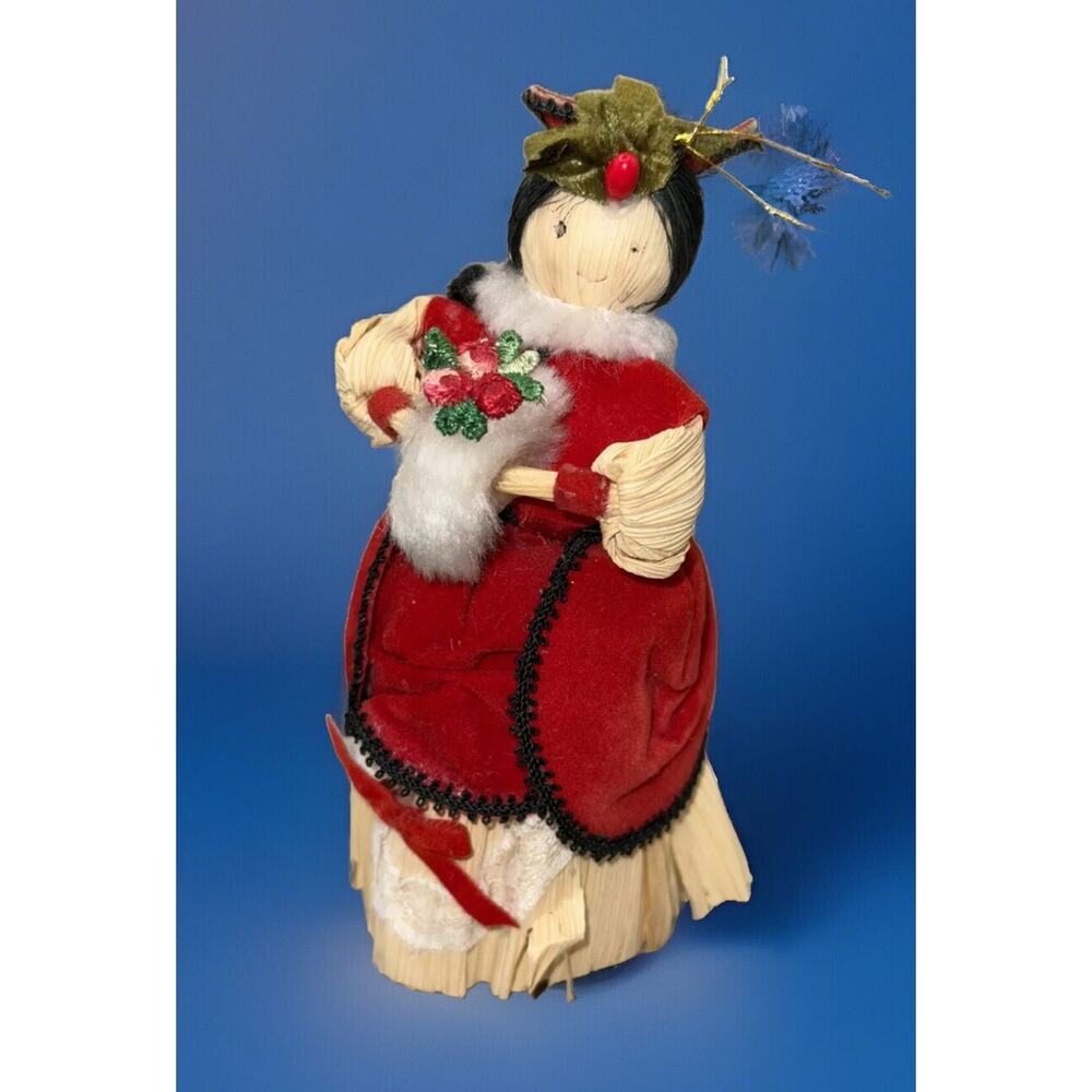 Rare VTG Kurt S. Adler Corn Husk Ornament Lady Red Doll Christmas Kitsch 1977